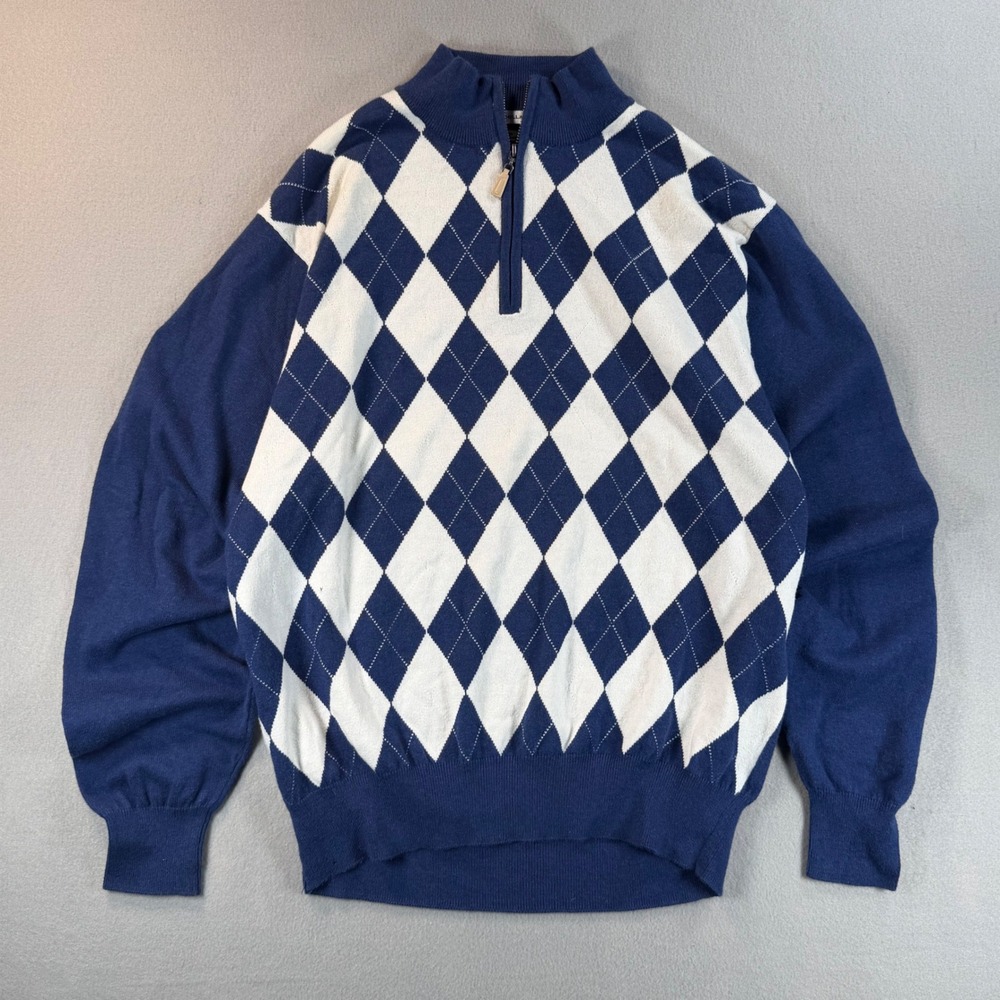Peter Millar Mens Blue White Argyle 1/4 Zip Cotton Cashmere Sweater Large Luxury